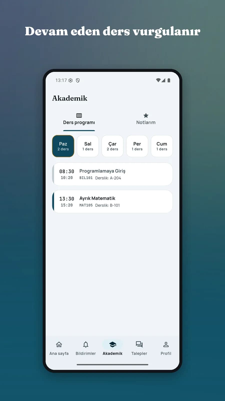 CÜ Mobil — ders programı: devam eden ders vurgulanır