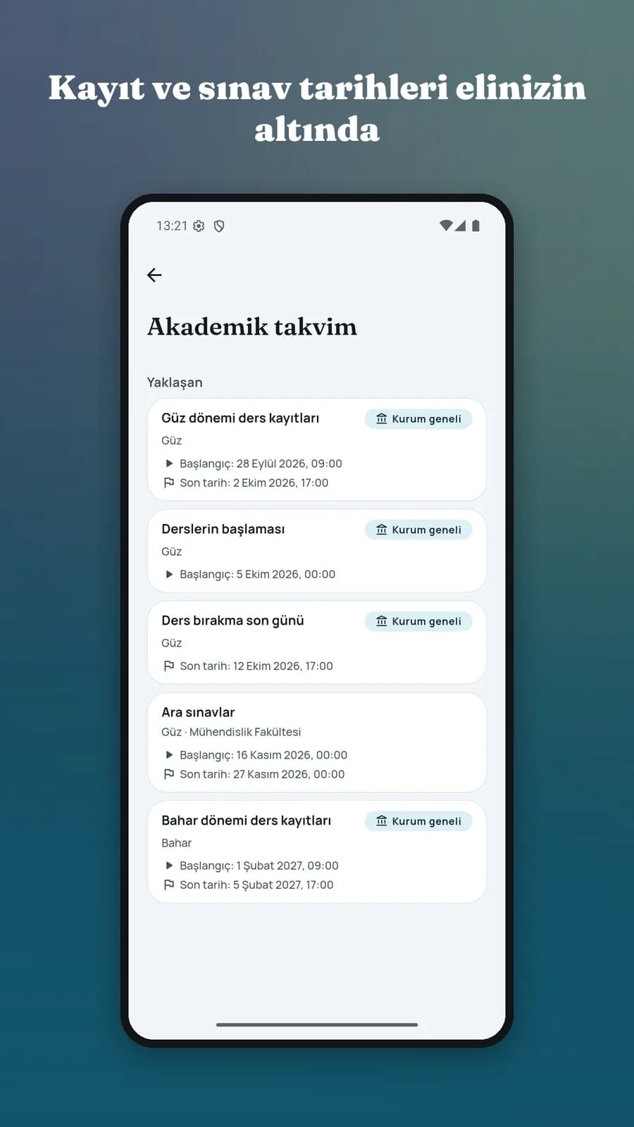 CÜ Mobil — akademik takvim: kayıt ve sınav tarihleri