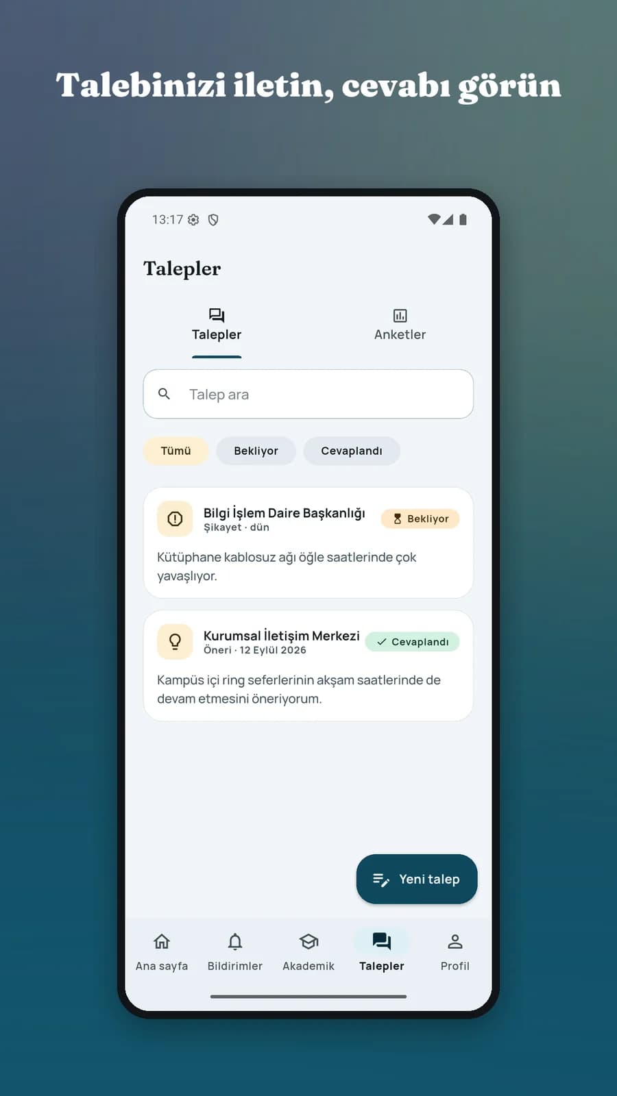 CÜ Mobil — talep gönderme ve birimin cevabını izleme