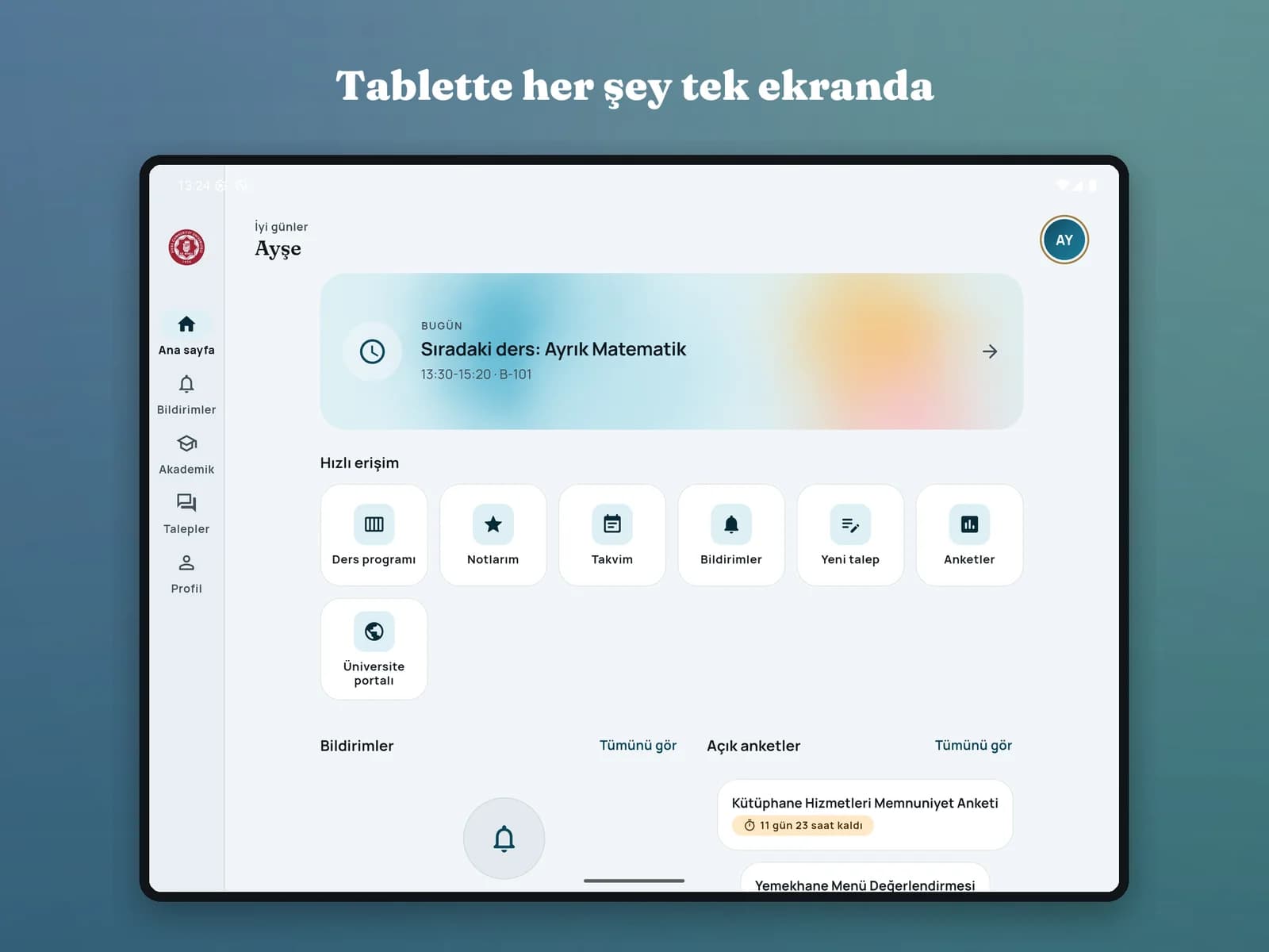 CÜ Mobil tablet yerleşimi — her şey tek ekranda