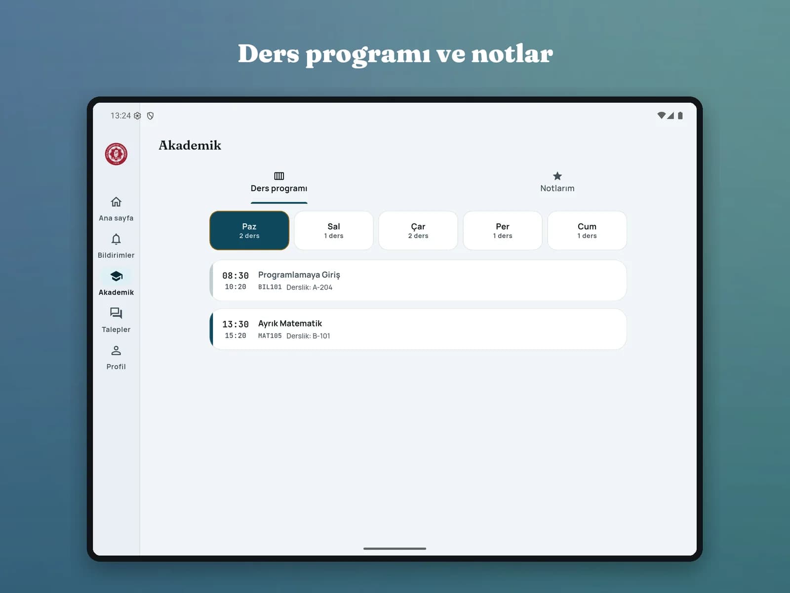 CÜ Mobil tablet yerleşimi — ders programı ve notlar