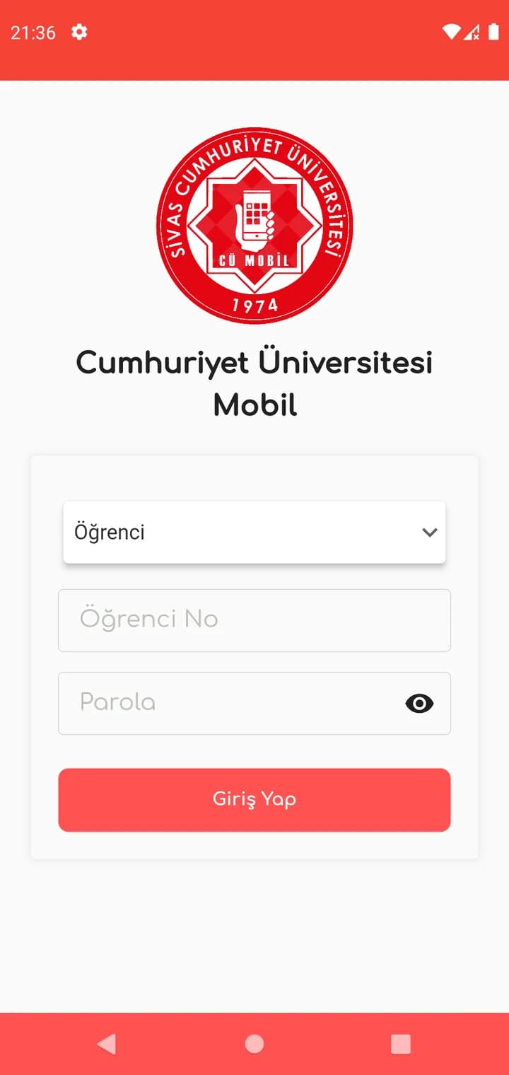 Cumhuriyet Üniversitesi Mobil — giriş ekranı