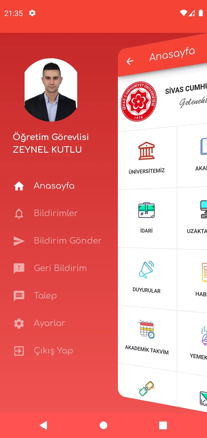 Cumhuriyet Üniversitesi Mobil — kullanıcı menüsü