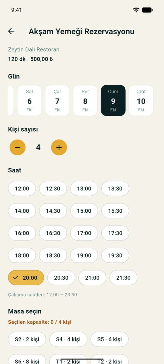 Mobil: gün, kişi sayısı ve saat seçimi